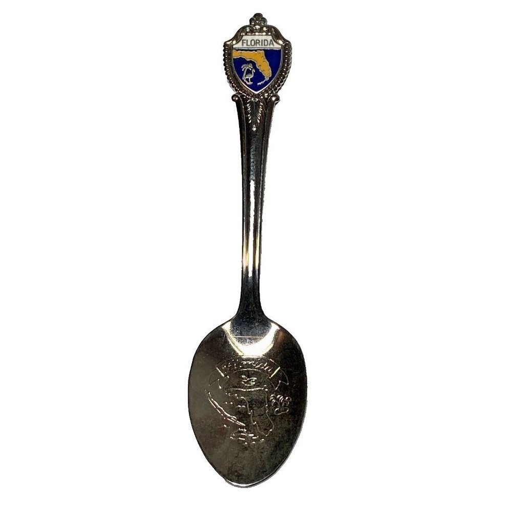 Florida Collectible Silver Travel Souvenir 4 3/8” Spoon Enamel Shield USA EUC